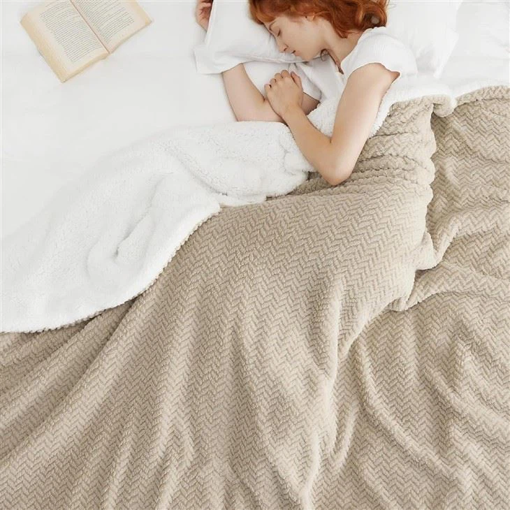 Beige Sherpa Fleece Throw Blanket - Herringbone Pattern best