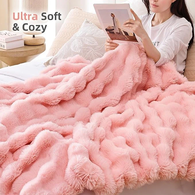 Blush Pink Faux Fur Throw Blanket Cozy Rabbit Fleece high quality