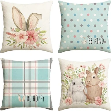 Pasen Konijn Bloem Buffel Plaid Polka Dot Vogel Kussenhoes - Slaapbank Decoratie (Set van 4)